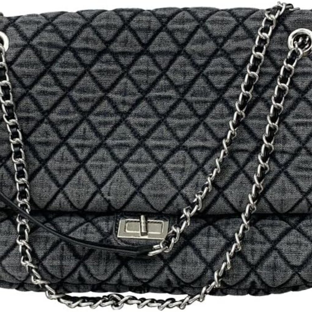 Women's Grey Casual Diamond Checker Denim Retro Fashion One Shoulder Handbag
